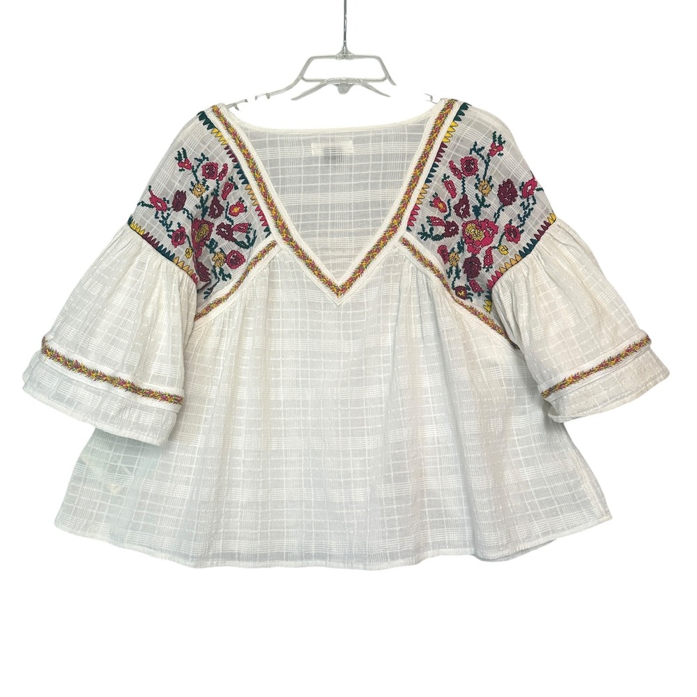 Pilcro Blouse Tawny Embroidered Floral Flutter Sleeve White L Boho Anthropologie - Picture 10 of 12